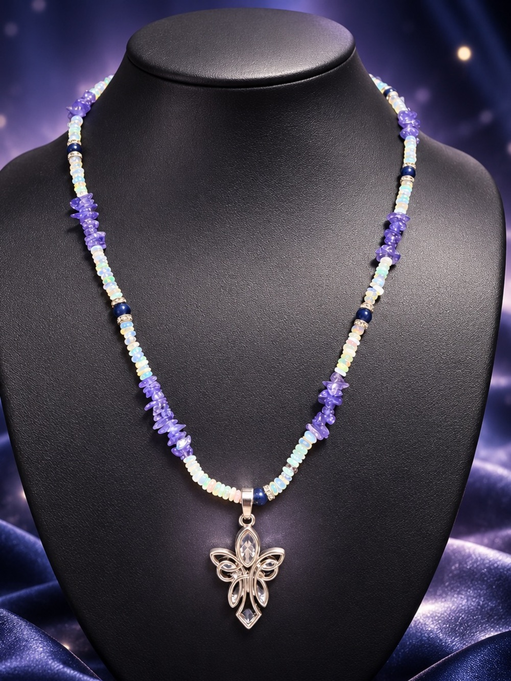 koreanna Ethiopian Opal Tanzanite Sapphire Angel Necklace